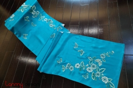 Blue silk scarf hand-embroidered with flowers and butterflies